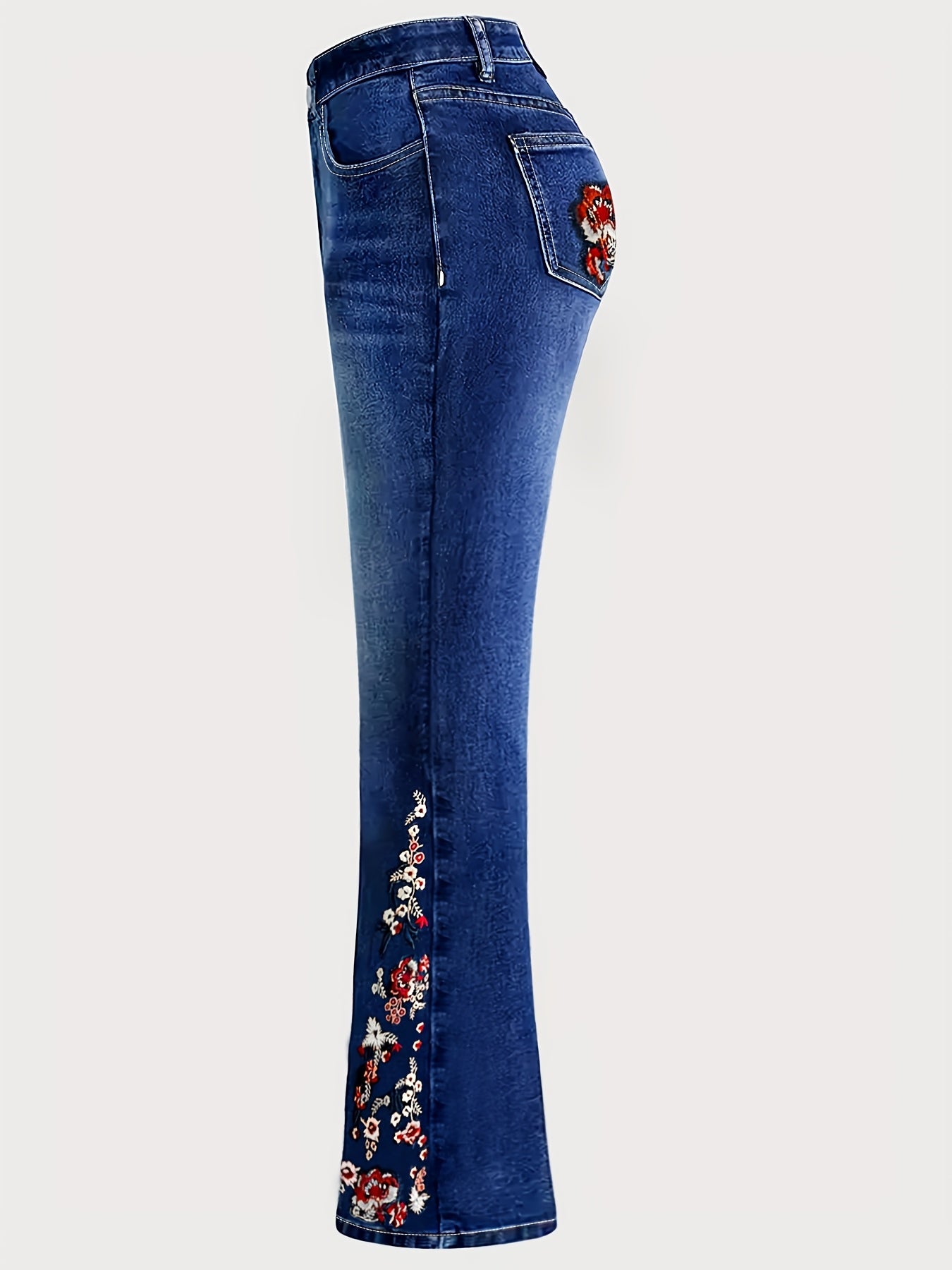 Women's Plus Size Light Blue Solid Denim Jeans - Side Ankle Floral Embroidery Whiskered Flared Legs High-Waisted Medium Stretch - Elegant Comfort Date Night Outing Plus Size Denim