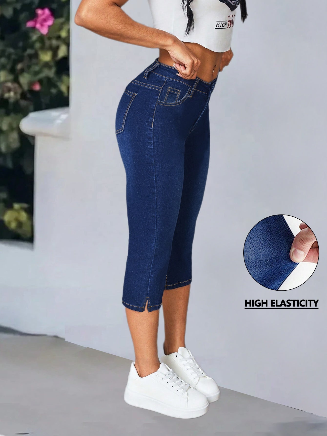 Women'S High-Waisted Mid-Rise Stretch Denim Capri Pants - Elegant Slim Fit with Button Closure, Ripped Detail, and Flared Hem, Light Blue, Spring/Summer Casual Wear, High Waisted Leggings, Spring Summer Apparel, Fashionforward Design
