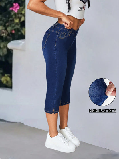 Women'S High-Waisted Mid-Rise Stretch Denim Capri Pants - Elegant Slim Fit with Button Closure, Ripped Detail, and Flared Hem, Light Blue, Spring/Summer Casual Wear, High Waisted Leggings, Spring Summer Apparel, Fashionforward Design