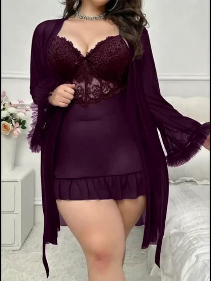 Plus Size Women's Solid Color Elegant Sexy Comfortable Mesh Lace Splicing Bow Thin Strap Nightgown+ Wide Sleeve Robe Pajama Loungewear 2pcs Set