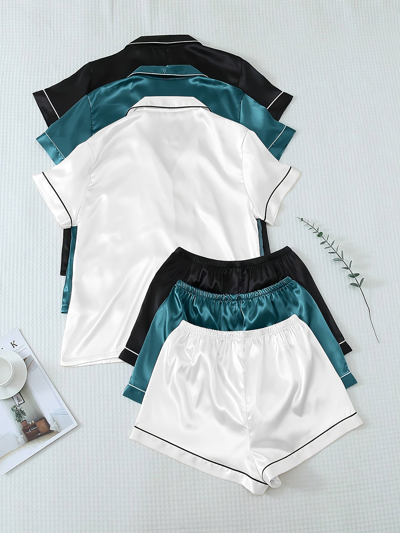 Casual, Fashionable, and Comfortable 6pcs Set in 3 Colors: Solid, Plain, Satin, and Satin Trim Short-Sleeve Shirt & Elastic Waist Shorts Pajama Set