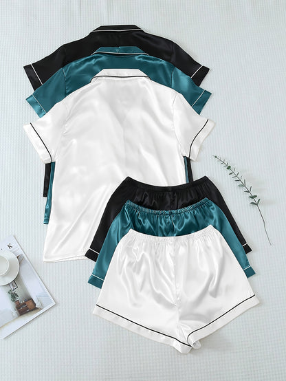 Casual, Fashionable, and Comfortable 6pcs Set in 3 Colors: Solid, Plain, Satin, and Satin Trim Short-Sleeve Shirt & Elastic Waist Shorts Pajama Set