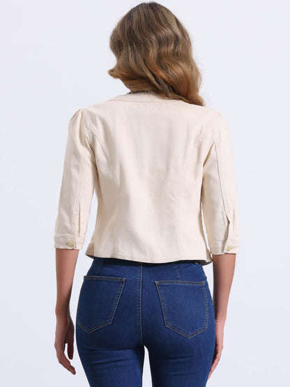 Denim Jacket for Women' S Collarless 2025 Cardigan 3/4 Sleeve Crop Jean Jackets