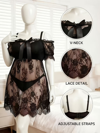 Plus Size Lace Nightdress for Curvy, Sexy Lingerie, Lace & Bow Off-Shoulder Design, Perfect for Home Bedroom Private Space, Super Textured & Attractive