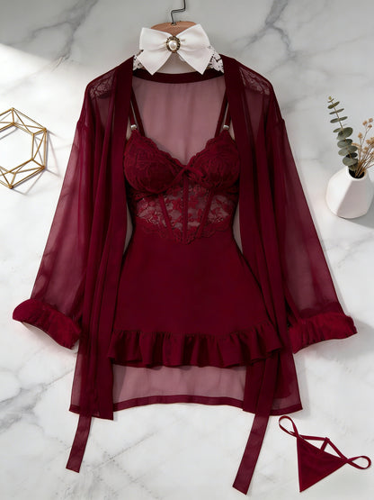 [3pcs Sheer Lace Set] Women's Lingerie 3pcs Sheer Lace Babydoll Set With Robe And Panty See Through Trim Mesh Sleepwear Sexy Nightwear