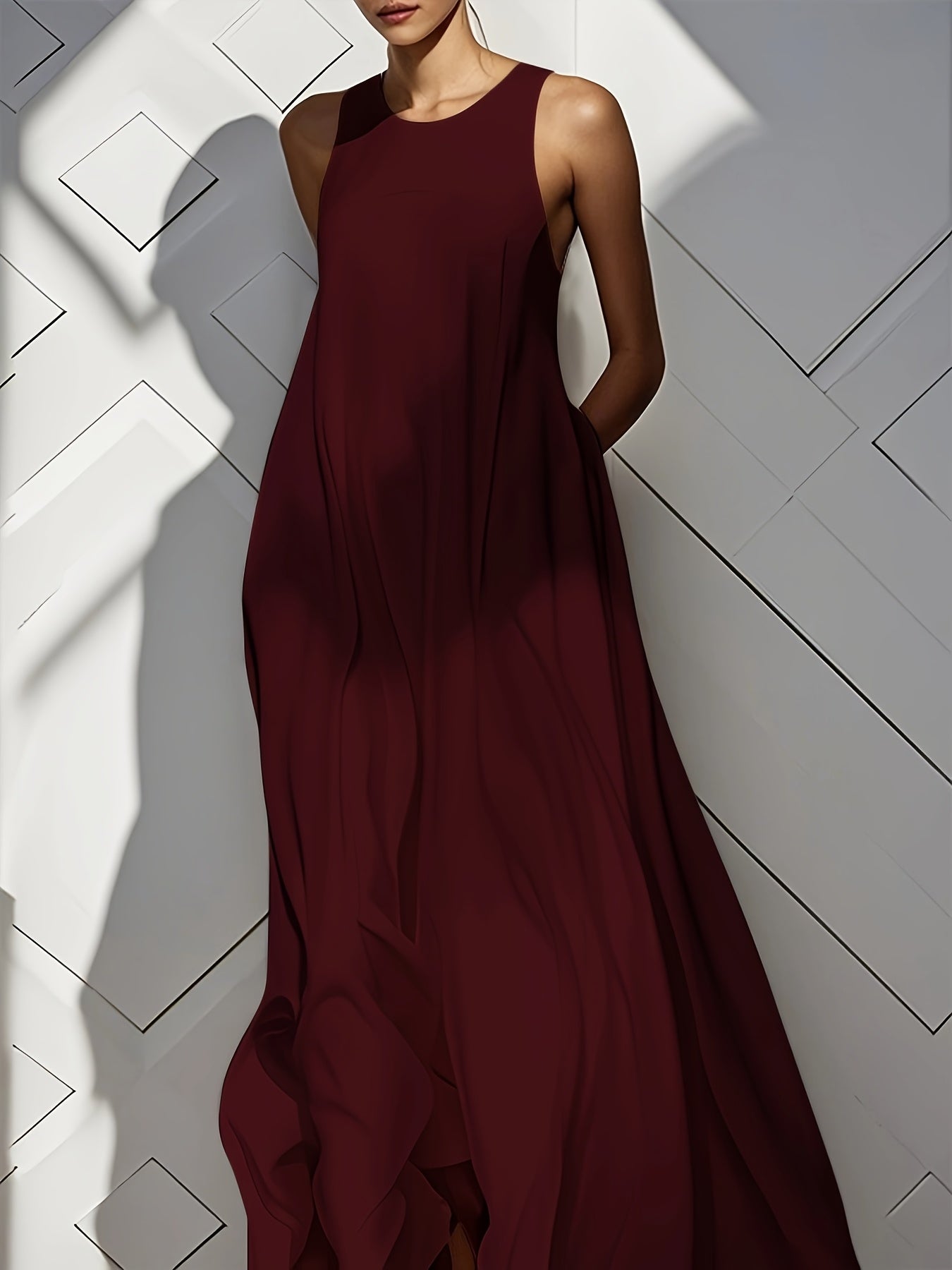 Women'S Long Dress, Summer Sleeveless Pocket Solid Skirt, Flared Ruffled Cutout Round Neck Loose Casual Vacation Fashion Everyday Pleated Maxi Dress