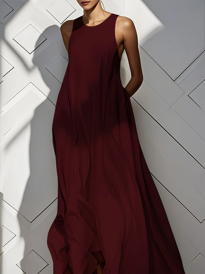 Women'S Long Dress, Summer Sleeveless Pocket Solid Skirt, Flared Ruffled Cutout Round Neck Loose Casual Vacation Fashion Everyday Pleated Maxi Dress
