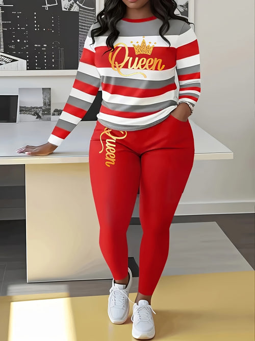 Plus Size - Plus Size - Women'S Striped Long-Sleeve Trouser Suit with Queen'S Lettering And Pocketed Pants