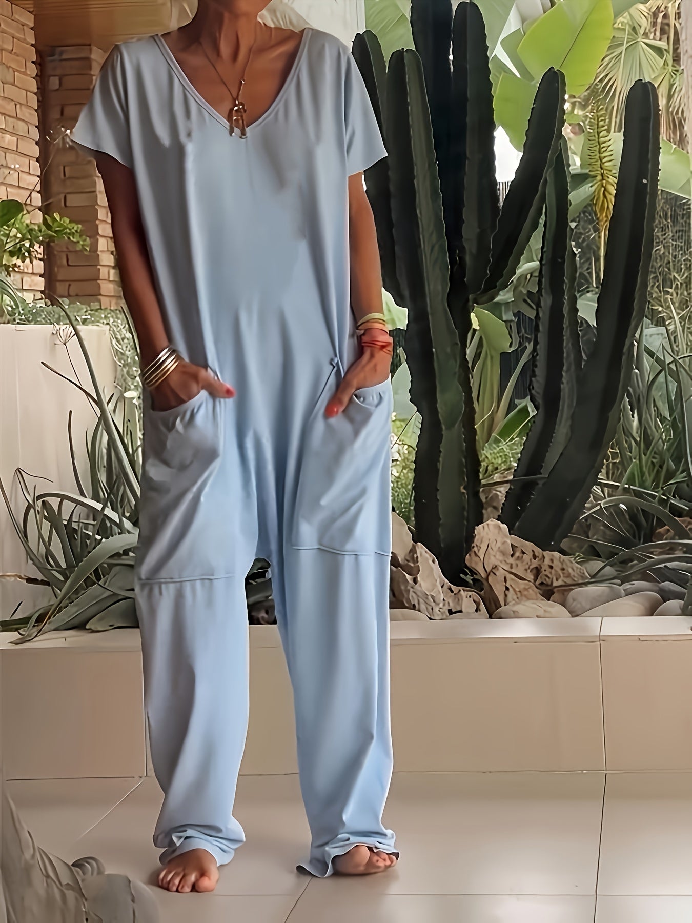 Plus Size - Plus Size - Women'S Solid Color Casual Baggy Pocket Romper