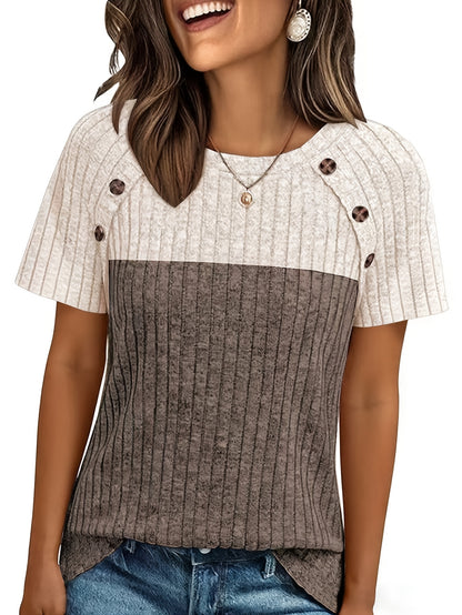 Ladies' Comfortable Top, Elegant Loose, Basic Shirt, Round Tie, Button T-shirt, Casual Two-color Short-sleeved Pullover