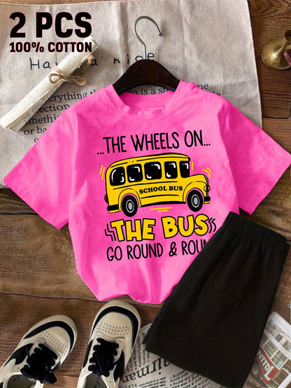 2pcs New Summer Girl The Wheels On The Bus Go Round And Round Short Sleeved 100% T-Shirt and Shorts 2pcs Set Perfect for Outdoor