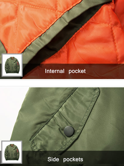 Men's Large Size Military Tactical Bomber Jacket - Army Air Force Pilot Winter Coat with Golden-Tone Zipper, Stand Collar & Full-Zip Front - Heavy-Duty Aviation-Ready Outerwear (Olive Green, Loose Fit) for Pilots & Collectors, PLUS SIZE, Casual Jacket For