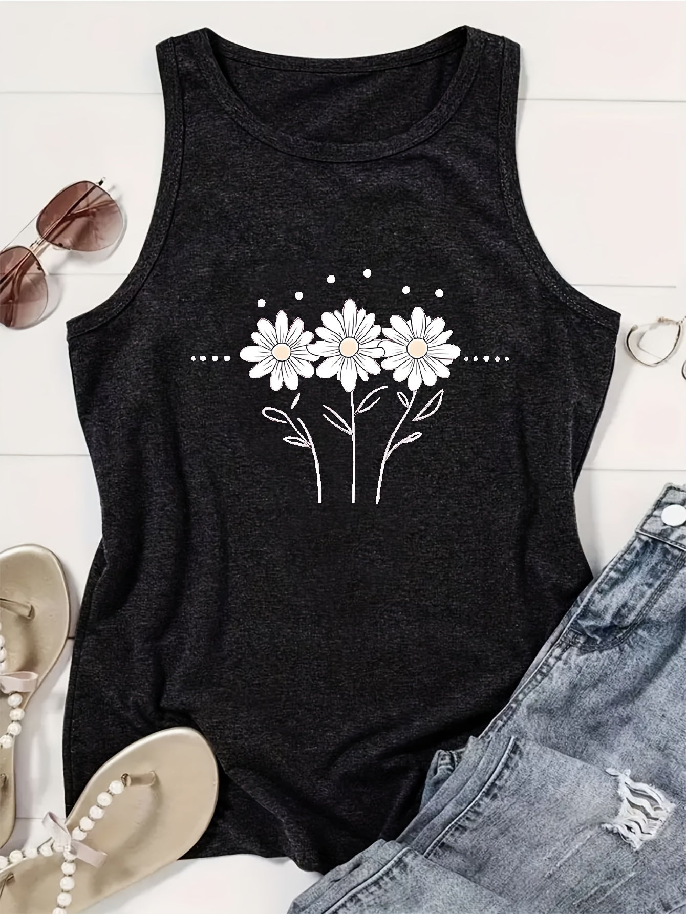 [Lightweight Summer Tops] Flower Pattern Print Crew-Neck Vest, Casual Sleeveless Women's Tops, Lightweight And Breathable, Suitable For Summer And Spring, Women's Clothing