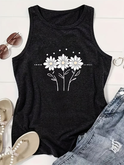 [Lightweight Summer Tops] Flower Pattern Print Crew-Neck Vest, Casual Sleeveless Women's Tops, Lightweight And Breathable, Suitable For Summer And Spring, Women's Clothing