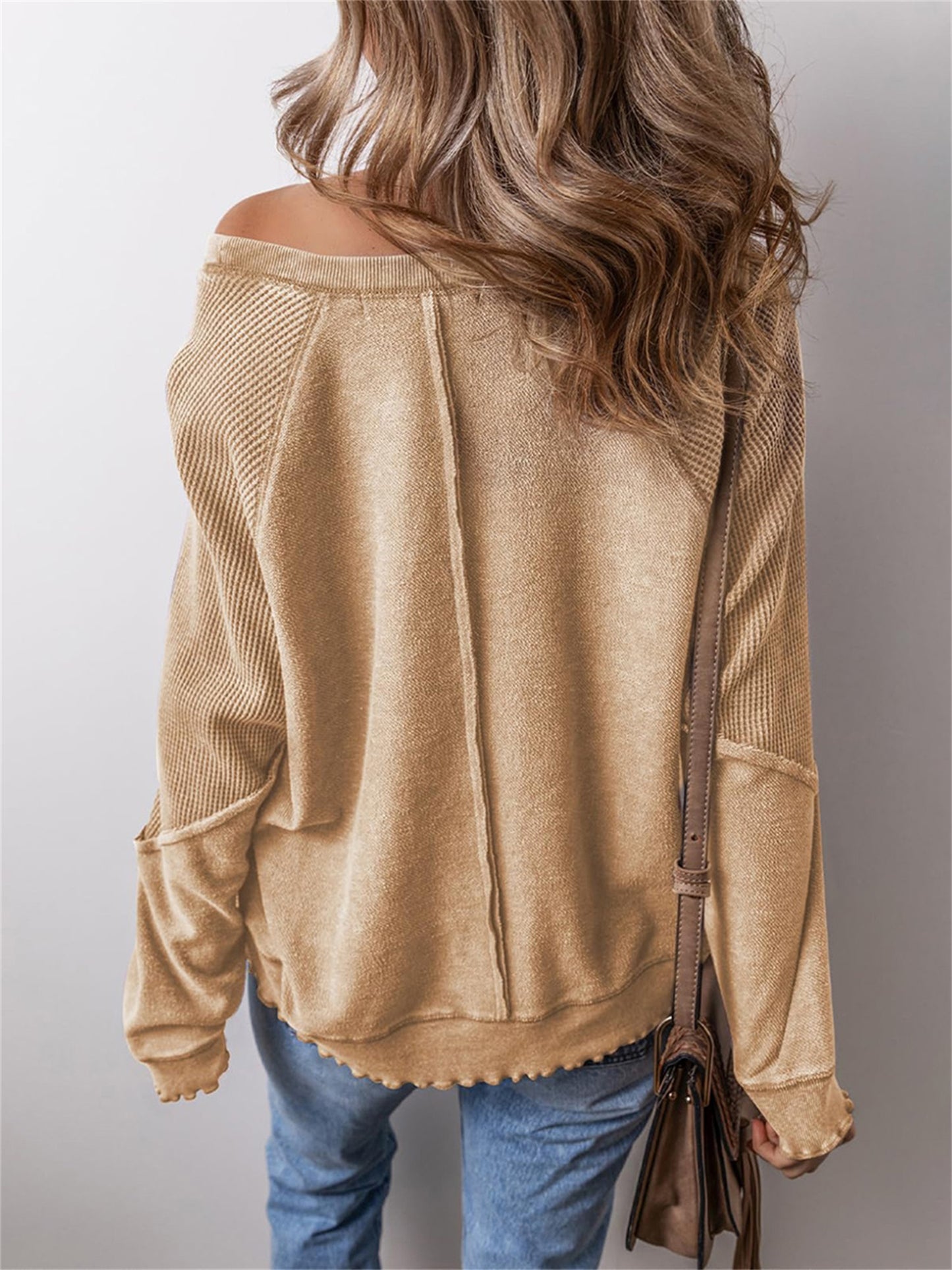 Women's Waffle Pattern Loose Splicing Long Sleeve Early Spring Street Fashion Style