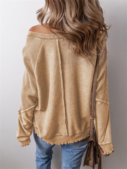 Women's Waffle Pattern Loose Splicing Long Sleeve Early Spring Street Fashion Style