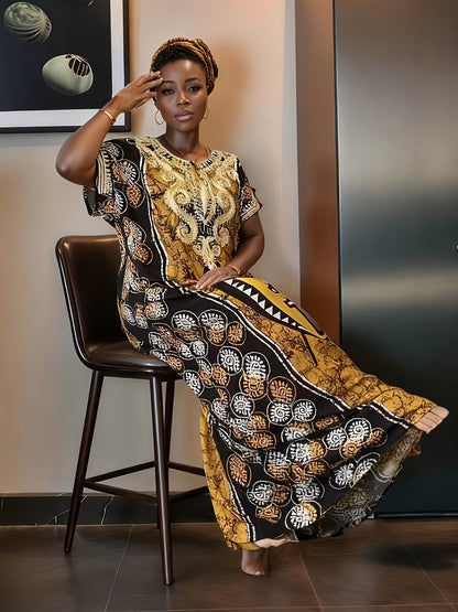 Women'S Maxi Kaftan Dress - Arabic Abaya Robe with Golden & Black Islamic Embellishments | Round Neck, Batwing Sleeves, Long Length, Embroidered Details, Machine Washable