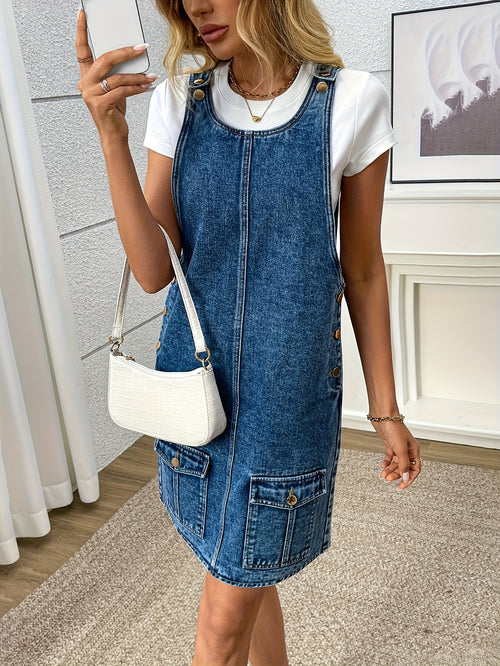25AW+ Women'S Casual Denim Overall Dress, Sleeveless And Fashionable Washed - Blue Denim Dress, Showcasing a Double-Pocket Design at The Hem And Adjustable Shoulder Straps, Ideal for Spring, Summer, And Fall