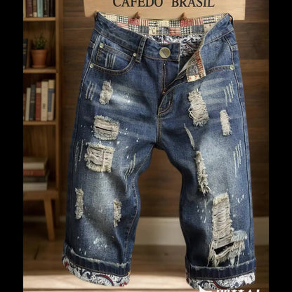 Men'S Ripped Jeans Distressed Ripped Slim Straight-Leg Jeans Stylish Shorts Trendy Loose-Fitting Ripped Straight-Leg Mid-Calf Pants Men Slim-Fit Jeans Durable Fabric