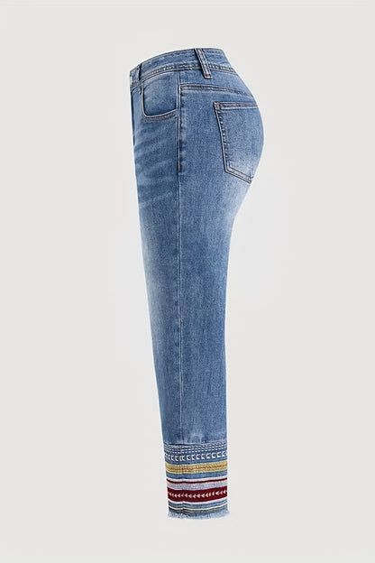 Women'S Plus Size Stone Washed Denim Pants, Ethnic Style Embroidered Skinny Straight Leg Pants