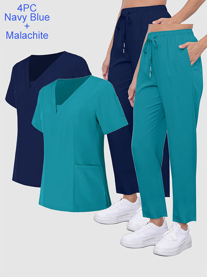 [Breathable Work Clothes] 4pcs Set of Women's Frosted Breathable Uniform with Pockets, Hand Washing Clothes, Work Clothes, Hand Brushing Clothes, Pants Set