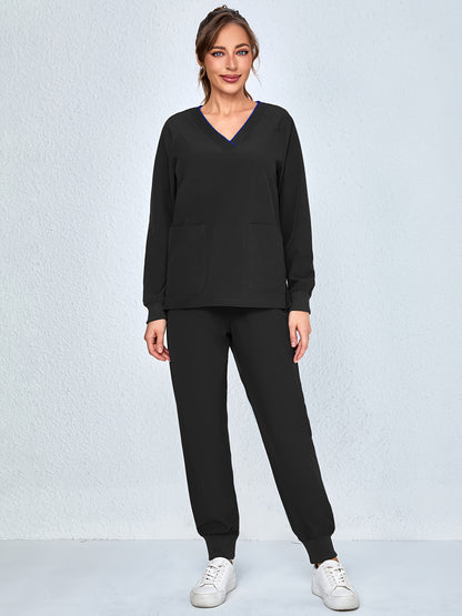 2pcs Women's V-Neck Matte Suit with Long Sleeve Stretch S Uniform Work Clothes Washable Pockets Breathable Elastic Top And Waist Cord Pocket Pants Set