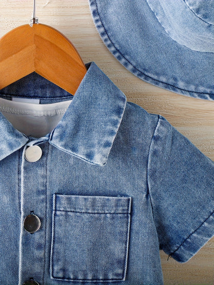 [Runs Large, Size 1 Size] Baby Boy 3pcs Summer Outfit Set, Soft Washed Denim Short Sleeve Lapel Jacket, Casual Denim Shorts And Matching Denim Bucket Hat, Daily Casual Clothes for 6-36 Months, Perfect for Outdoor