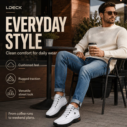 LDECK Men'S Fashion Sneakers Chukka Boots | Breathable, Non-slip, Mid-top Genuine Leather with Fabric Inner, Rubber Sole, Round Toe, Lace Closure | Perfect for Casual, Daily, Work, Office, All-season
