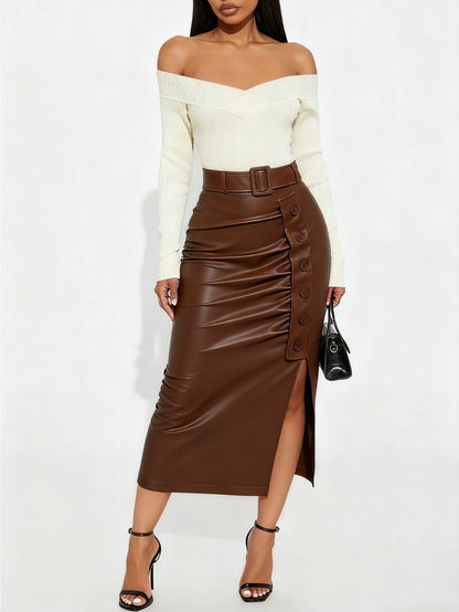 GlOURI Women's Brown Faux Midi Skirt - High Waist with Wide Belt & Side Button & Slit Detail | Slim-Fit Elegant Style for Casual Daily, Office Commute & Fashion Styling (Faux Durable & Figure-Flattering) for Edgy Looks
