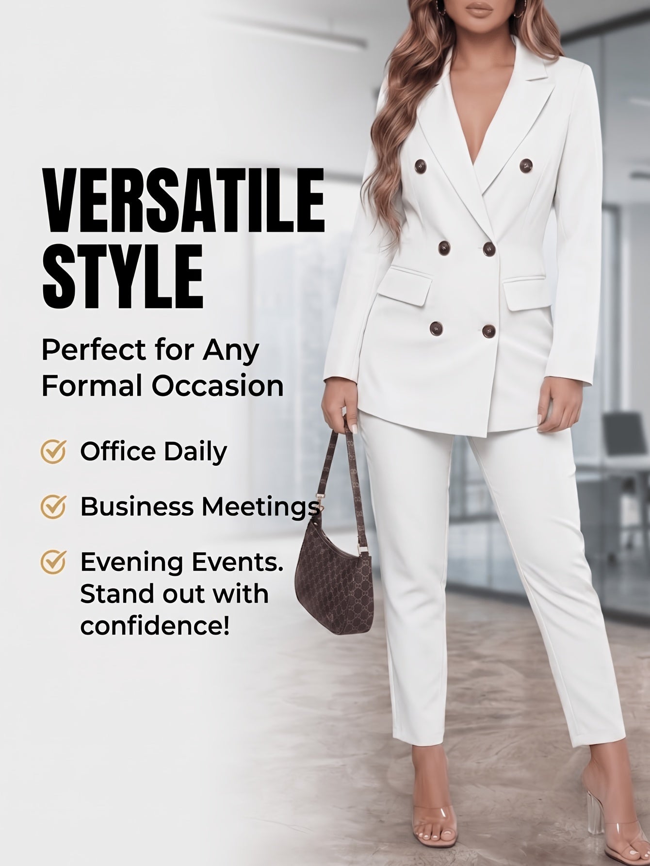 2pcss Blazer Set Pantsuit Women Double Breasted Blazer Set Formal 2pcss Pantsuit For Office Work, Long Sleeve Business Suit Slim Fit Double Breasted Suit For Business Meetings Corporate Office