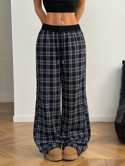1pc Black White Plaid High Waist Wide Leg Pants for Women, Gift for Girlfriend Best Friend, Daily Outing Loungewear French Retro Pants, Comfy Chic Trousers with Slouchy Fit