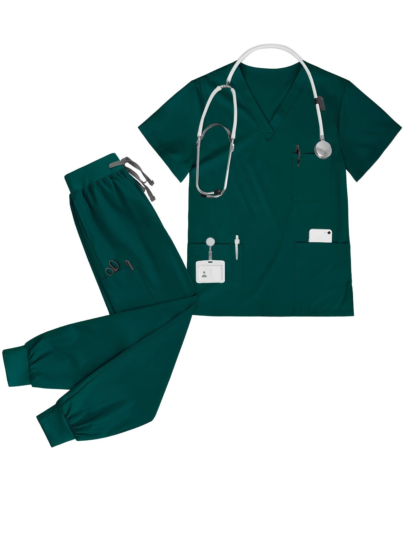 [Scrub Suit Set] Scrub Suit Set For Women Modern V-Neck Top T-Shirt & Tapered Leg Jogger Pants With Drawstring 2pcs Set Nursing Uniforms Set Suitable For Pet Hospitals, Dental Clinics, Nursing Work, Etc