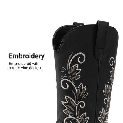 DREAM PAIRS Women's Cowboy Cowgirl Western Mid Calf Boots Square Toe Embroidered Stitched Pull On Country Boots with Low Chunky Heel