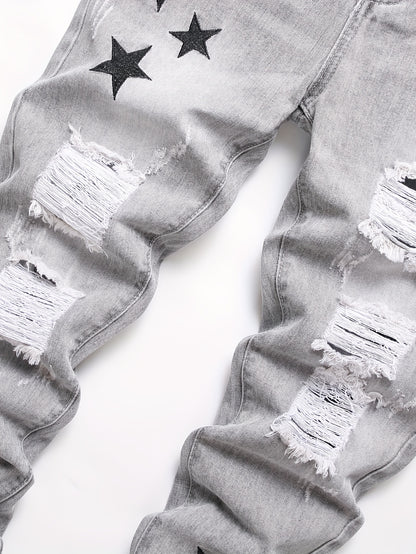 Men'S Torn Denim, Retro Faded Tapered Trousers, Basic Design, Slim Cut, Casual Pants for All Seasons, Ideal for Fall And Winter, Particularly for Christmas, Halloween, And Thanksgiving Presents