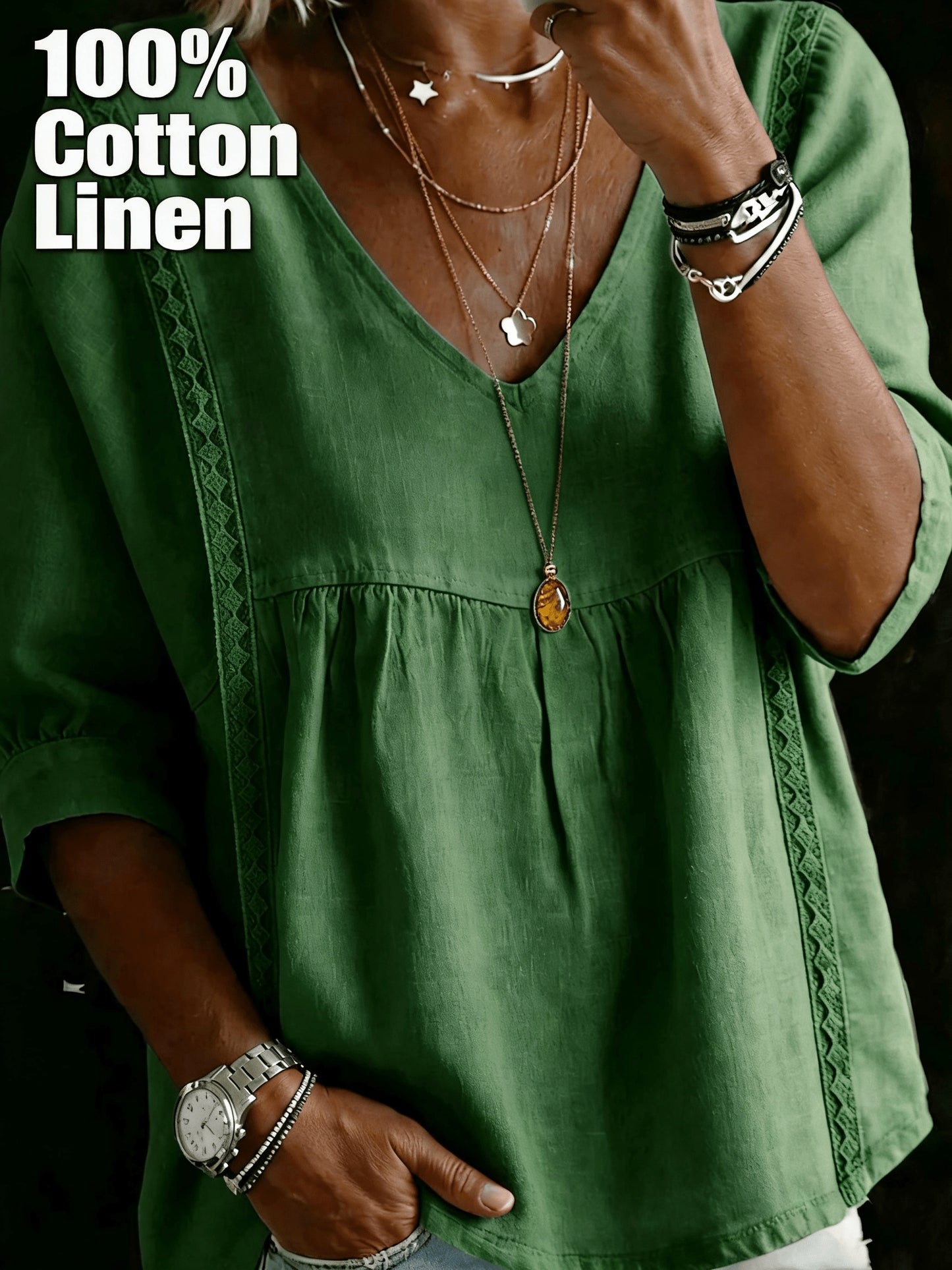 Women'S V-neck Loose-fit Top With Lace Panels; Elegant Design, Three-quarter-length Puff Sleeves, Lace Cut-out Detailing At The Sides, Figure-flattering Cut That Conceals The Tummy; Perfect For Bohemian-inspired Office Wear