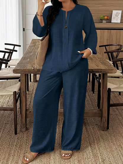 Plus Size, Autumn And Winter New Style, Plus Size Women's Casual Long-sleeved Shirt And Loose Pants 2pcs Set