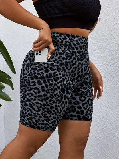 PLUS Size High Waist Leopard Print Sport Shorts With Side Pocket - Spring Summer New Arrivals