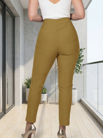 Women's High Waisted Stretch Slim Fit Cropped Trousers, Office Casual Work Pants with Metal Detail