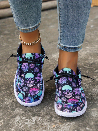 [Halloween] Vibrant Style Women's Day Of The Dead Skull Pattern Sneakers - Breathable, Halloween Casual Shoes With Elastic Strap, Vibrant Floral And Skull Design, Lightweight Flat Loafers For Festive Occasions, Women Shoes