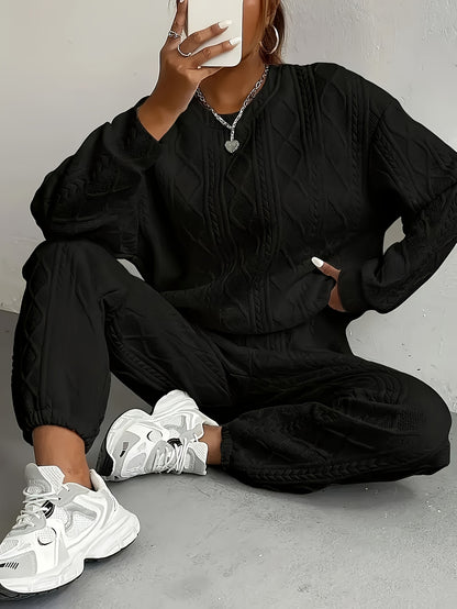 Women's Casual 2pcs Pullover Set - Consists Of A Textured Solid Color Jacquard Long-sleeve Crewneck Top And Sweatpants, High-quality Fabric, Women's Suit, Women's Summer Clothing, Sweatsuits Women 2pcs Women Clothing