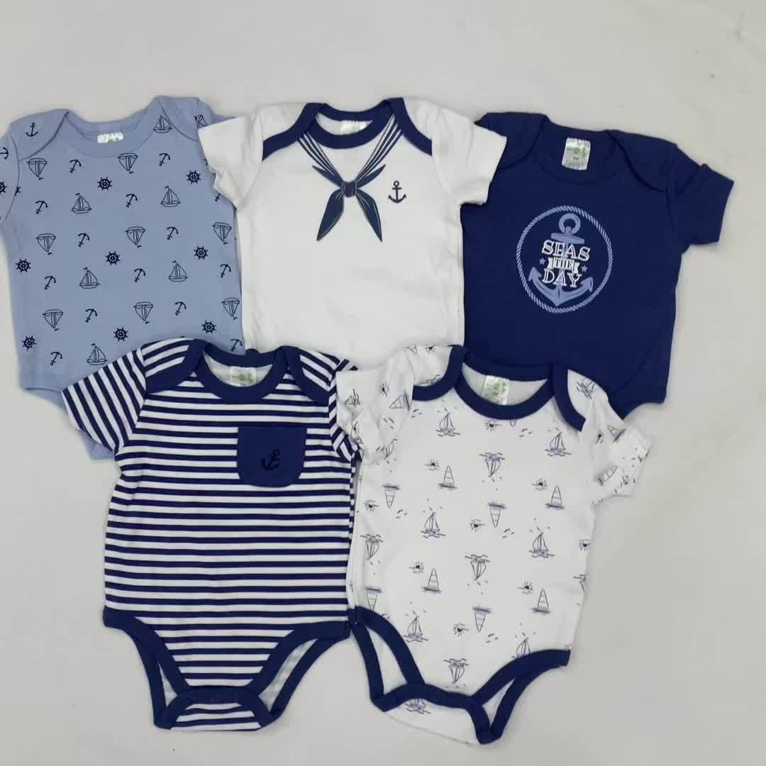 5pcs Set of Baby Boys' Short Sleeved Cartoon Triangle Jumpsuit, Ha Yi, Baby Boys' Ocean Boat Anchor Casual Crawling Suit, for Outdoor
