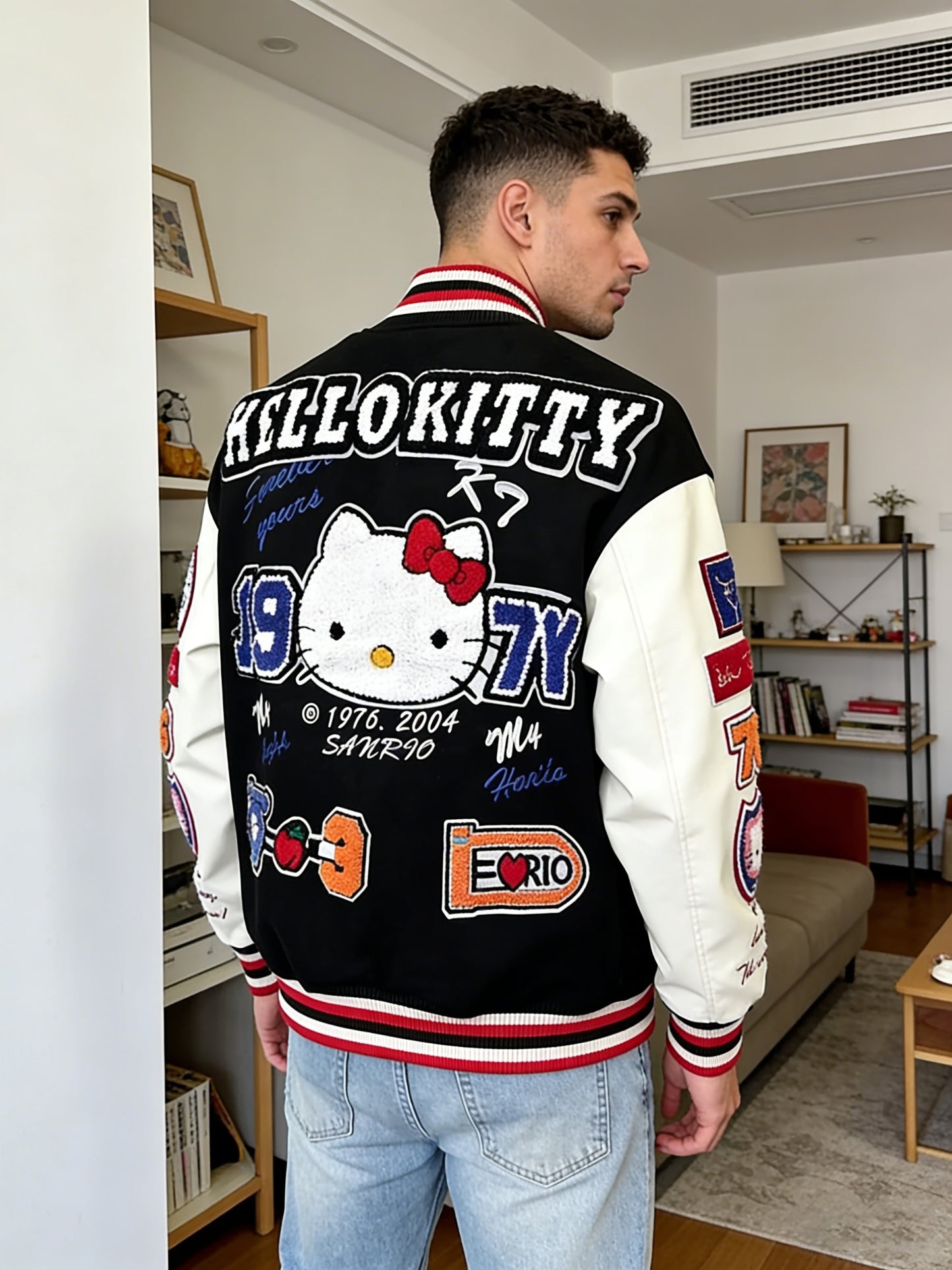 for sanrio Licensed Women'S Jacket Featuring Hello Kitty And Kuromi Patches - Lightweight Spring And Autumn Coat, Cute Anime Character Outerwear, Perfect For Parties And Everyday Wear - Iconic Brand Accessories (a Must-have For Sanrio Fans)