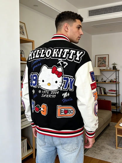 for sanrio Licensed Women'S Jacket Featuring Hello Kitty And Kuromi Patches - Lightweight Spring And Autumn Coat, Cute Anime Character Outerwear, Perfect For Parties And Everyday Wear - Iconic Brand Accessories (a Must-have For Sanrio Fans)