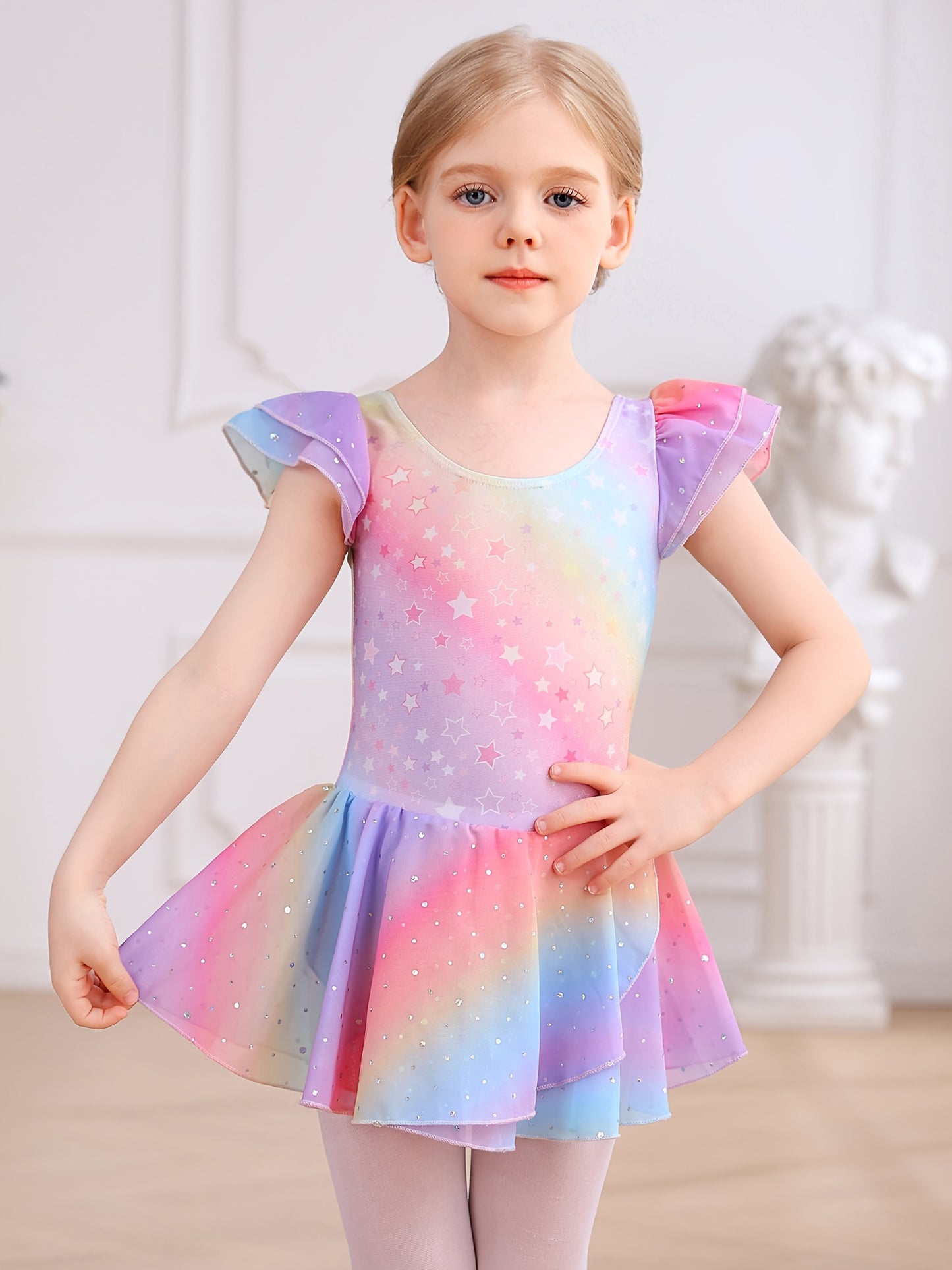 Christmas Girl's Dress; Dress; Dance Dress; One-piece Training Suit; Summer Rainbow Gradient Dress; Mesh Dress; Sweet Petal Sleeves; One-piece Dress; Children's Ballet Leotard; Back Bow.