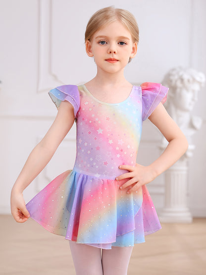 Christmas Girl's Dress; Dress; Dance Dress; One-piece Training Suit; Summer Rainbow Gradient Dress; Mesh Dress; Sweet Petal Sleeves; One-piece Dress; Children's Ballet Leotard; Back Bow.