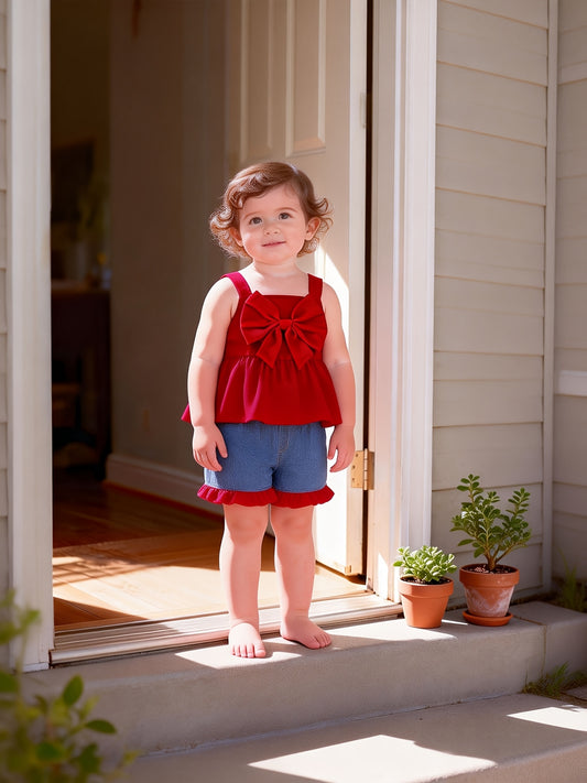 2pcs Baby Girls Set 3D Bow Sleeveless Cami Top Ruffle Trim Denim Shorts Summer Outdoor Play, for Outdoor
