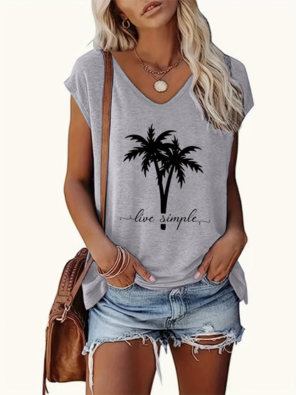 Loose Fit V-neck Short Sleeve T-shirt, Geometric Palm Tree Design- Summer Casual Top, Machine Washable