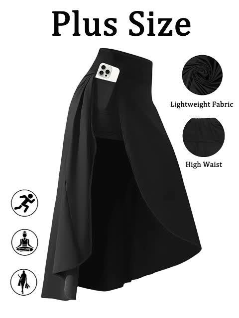 2026 Plus Size High Waist Skort with Pockets - Stretchy Side Slit, Lightweight Long Culottes for Women | Summer Vacation Beachwear, Summer Skirt (Black/Burgundy) Game Day Outfit, Football Fan Gear for All Fans