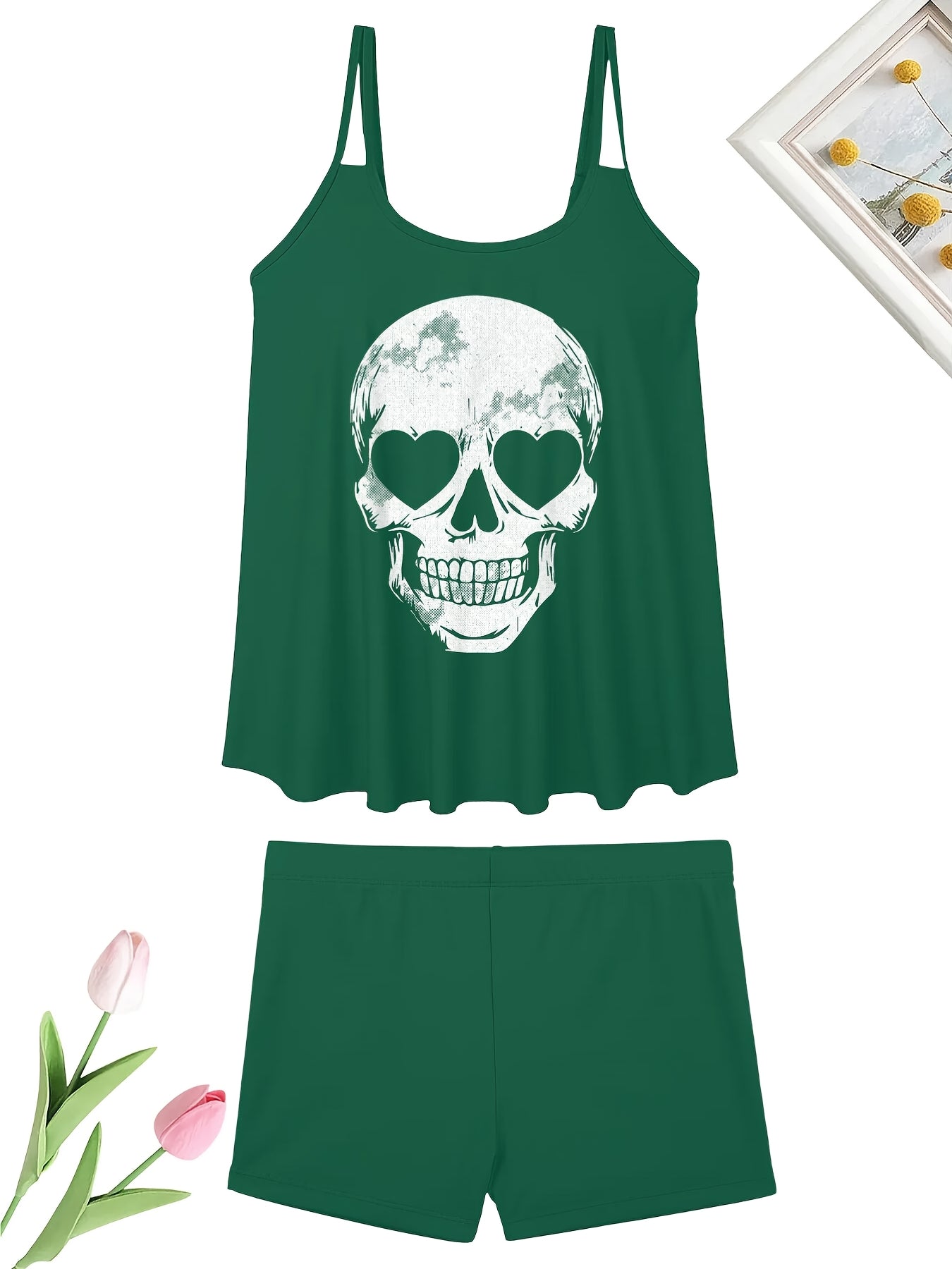 Adorable Skeleton-Themed Two-Piece Swimsuit for Women, Featuring a Stylish Black Design with a Conservative Double Shoulder Tankini Style, Perfect for a Laid-Back Halloween Look