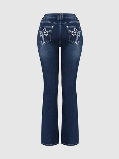 Women'S Classic Five-Pocket Design Mid-Rise Stretch Denim Jeans with Cross Embroidery - High Elasticity Regular Fit Casual Pants for Home, Travel & Shopping, All-Season Versatile Style, Travel Casual Wear, Stylish Cross Embroidery, Comfortable Fit